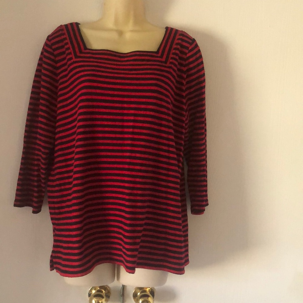 Woman’s Talbots fall red & black striped cotton plus size blouse top